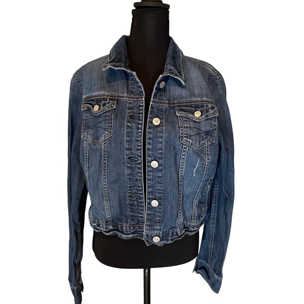 Aeropostale Womens Blue Denim Jean Jacket XL Distressed Trucker Style